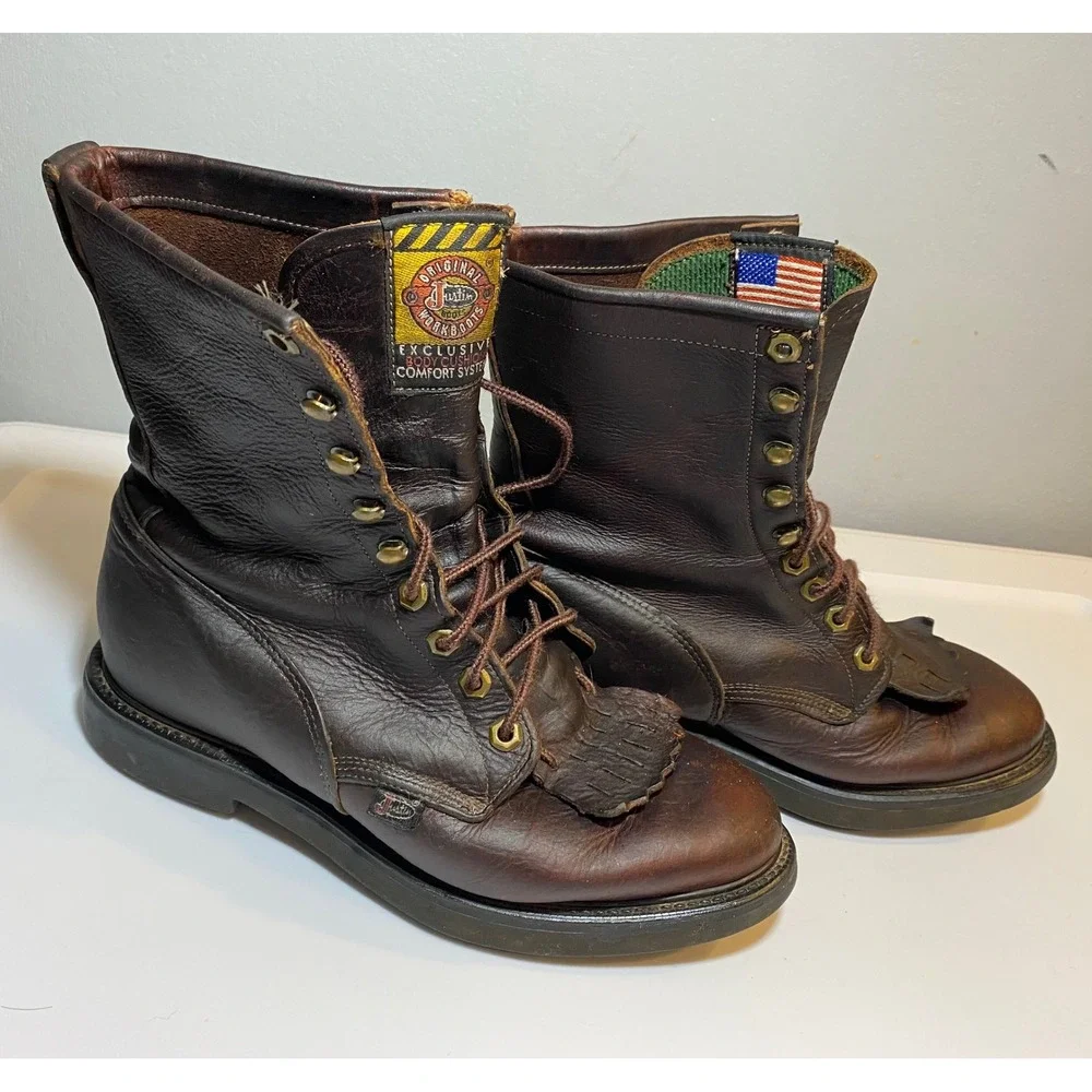 Justin Original Workboots Mens‎ 7.5 D Brown Leather Kiltie Lace Up Boots 0761